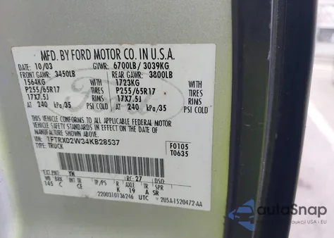 2004 Ford F-150 Stx/Xlt из США, поврежденный, VIN 1FTRX02W34KB28537